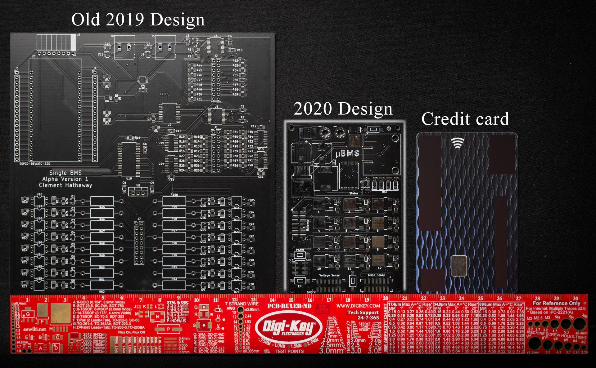 uBMS Compared with my previous BMS prototype and a credit card